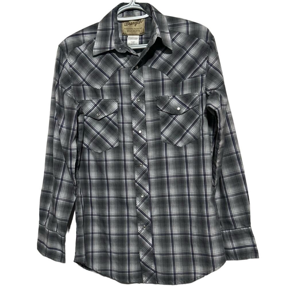Wrangler Western‎ Fashion Snap Shirts Gray Purple Plaid Long Sleeve Shirt Size S